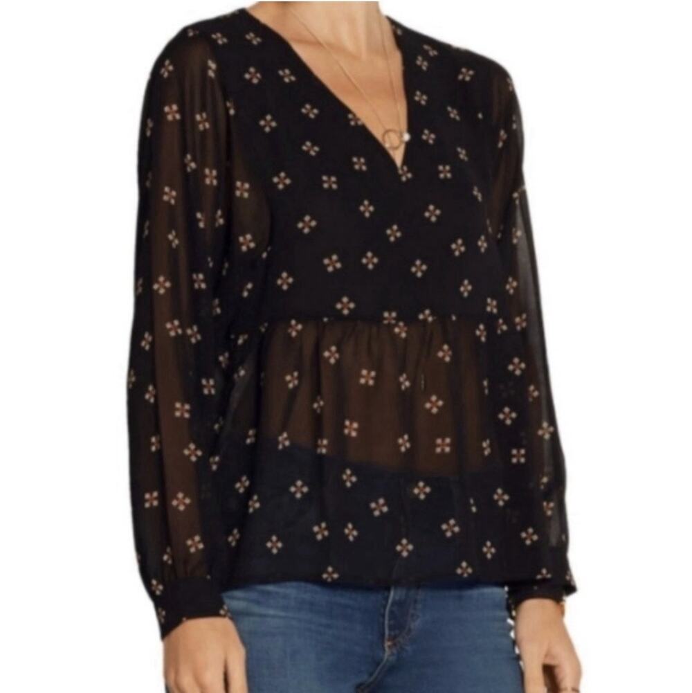 MAJE Leona babydoll Blouse Black Print size 2 semi sheer v-neckline top Sz S